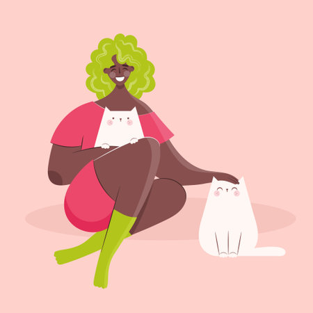 Happy black woman with cats . Female holding cat and petting them. Pet ownership, pet parent. Happy Mew Year and cats day. Vector illustration.のイラスト素材