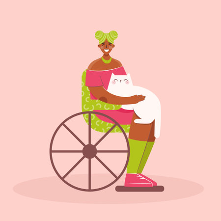 Happy woman in wheelchair with cat . Female holding cat on knees and petting them. Pet ownership, pet parent. Happy Mew Year and cats day. Vector illustration.のイラスト素材