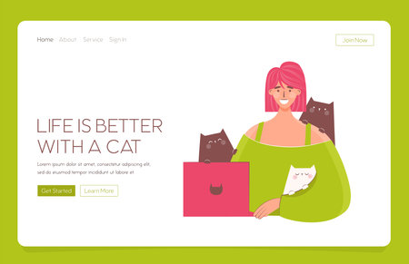 Web Landing template Happy woman working at home. Cats bothering. Working with cats. Pet ownership, pet parent. Happy Mew Year and cats day. Vector illustration.のイラスト素材
