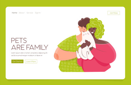 Web Landing template Happy Multicultural pair holding cats. Pet ownership, pet parent. Happy Mew Year and cats day. Adopt cats and make them happy. Vector illustration.のイラスト素材