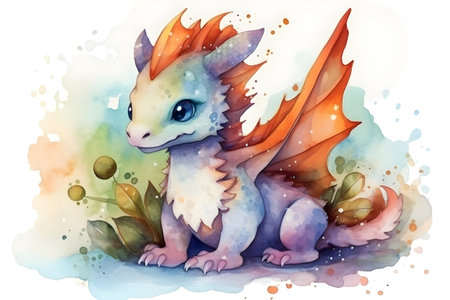 Watercolor colorful cute baby dragon isolated on white background Illustration. Chinese Year of dragonの素材