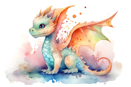 Watercolor colorful cute baby dragon isolated on white background Illustration. Chinese Year of dragonの素材