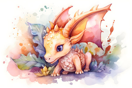 Watercolor colorful cute baby dragon isolated on white background Illustration. Chinese Year of dragonの素材