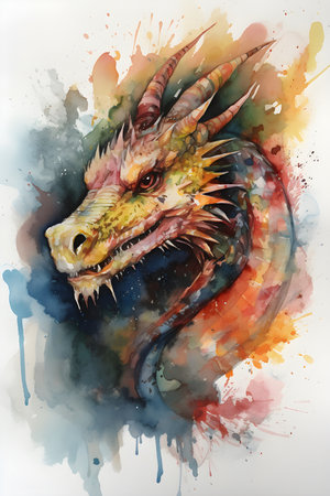 Watercolor colorful dragon isolated on white background Illustration. Chinese Year of dragonの素材