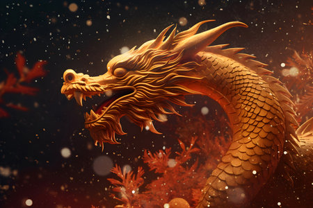 Dragon cartoon fantasy illustration in 3d style red and gold colors. Chinese Year of dragonの素材