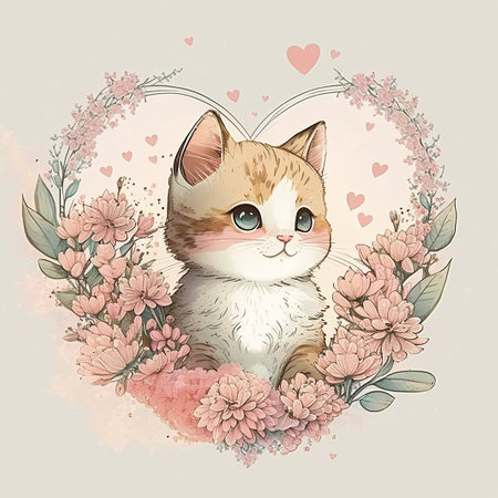 Cute kitty in frame of flowers. pastel colors. watercolor style. AI generationの素材