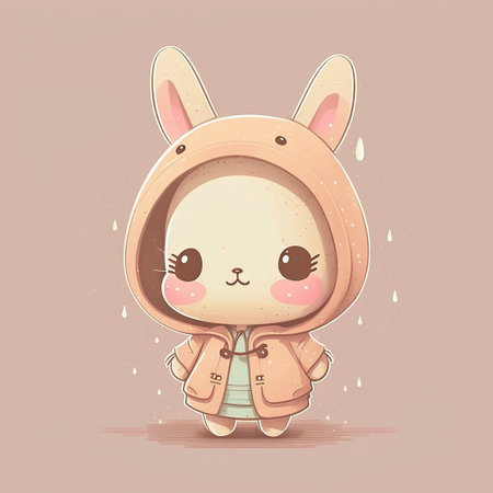 Cute baby bunny in a raincoat. Kawaii style. Mascot rabbit illustration. hand drawn style. AI generationの素材