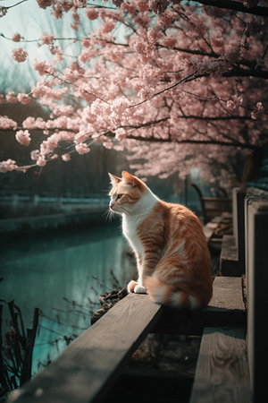 Cute cat on blossoming tree outdoors. Cute cat in sakura tree cherry blossom branch kitten illustration. AI generativeの素材