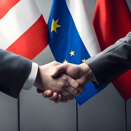 The International Day of Multilateralism and Diplomacy for Peace. handshake on the background of flags. AI generativeの素材