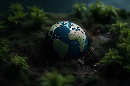 Globe in green plants eco concept earth day and enviroment day. AI generatedの素材