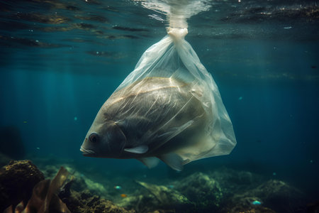 plastic pollution concept. Save the ocean fish in plastic bag ai generatedの素材