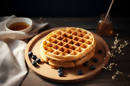 Promotional commercial photo belgium waffle with berries and honeyの素材