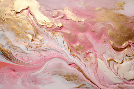Elegant pink alcohol ink background with gold glitter elements. AI generativeの素材
