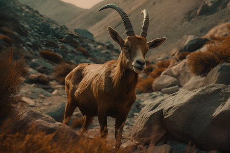 Photo goat with large horns ibex standing in mountainsの素材