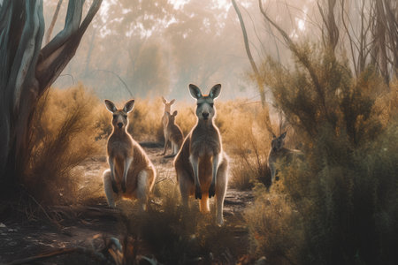 Photo kangaroo marsupial family in the fieldの素材