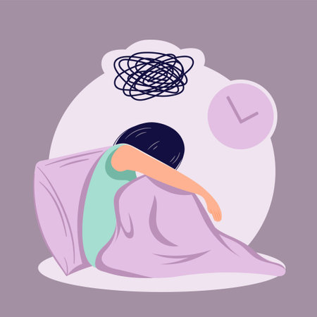Sleep disorder concepr female person suffer from insomnia flat ilustrationのイラスト素材