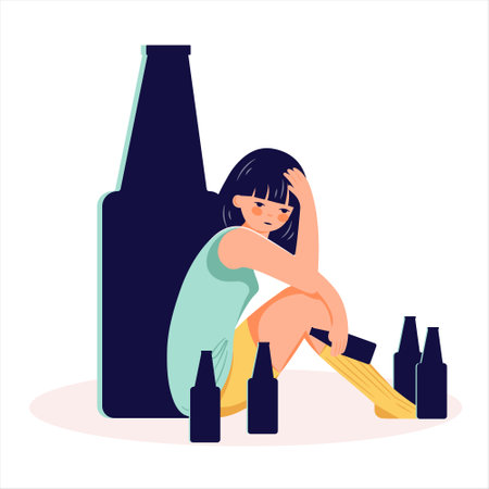 Alcohol abuse addiction concept hand drawn drunk woman illustrationのイラスト素材