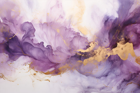 Elegant violet alcohol ink background with gold glitter elementsの素材