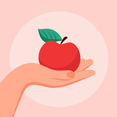 Eat a red apple day. Apple in hand bannerのイラスト素材