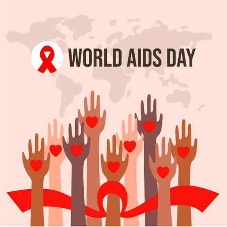 World aids day. Multiracial Hands and red ribbonのイラスト素材