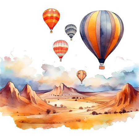 Air balloons watercolor landscape. Travel illustration air balloons in cloudsの素材