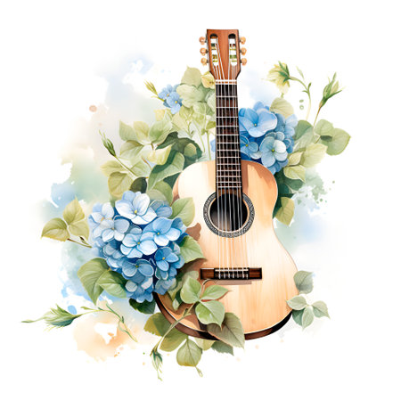 Watercolor illustration guitar with hydrangea retro isolatedの素材