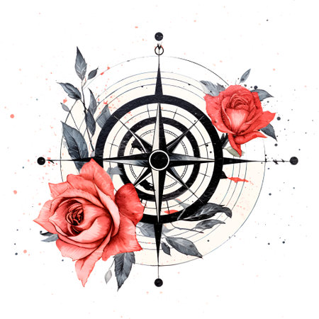 Watercolor illustration vintage compas with roses tattoo graphic isolatedの素材