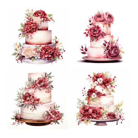 Watercolor illustration wedding cake with flowers red marsalaの素材