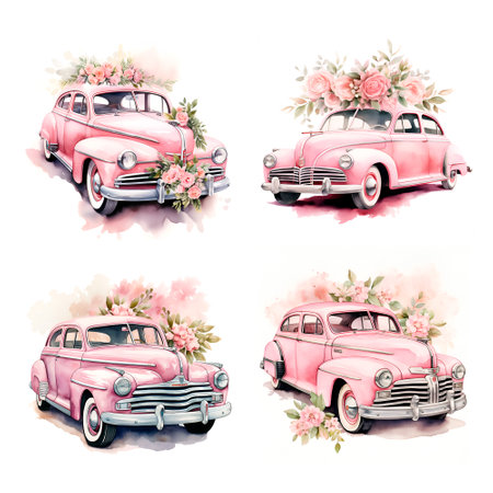 Watercolor illustration wedding car with flowers pinkの素材