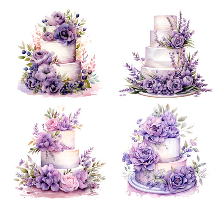 Watercolor illustration wedding cake with flowers lavenderの素材