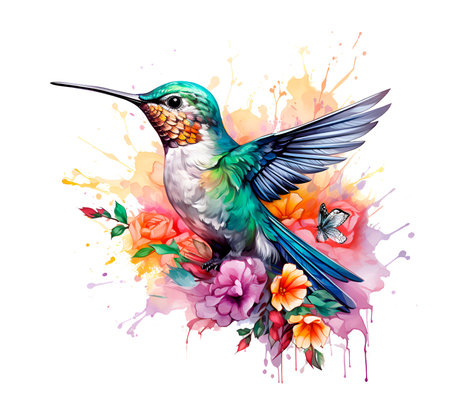 Watercolor hummingbird painting isolated with tropical flowersの素材