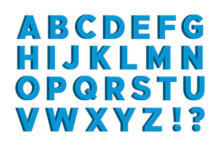 Blue 3D English Letters with Exclamation and Interrogative Sign, Isolated on White Background. Vector Illustrationのイラスト素材