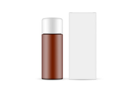 Amber Cosmetic Bottle Mockup with Paper Box Front View, Isolated on White Background. Vector Illustrationのイラスト素材