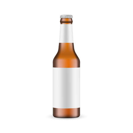 Brown Glass Beer Bottle Mockup with Blank Label, Front View, Isolated on White Background. Vector Illustrationのイラスト素材