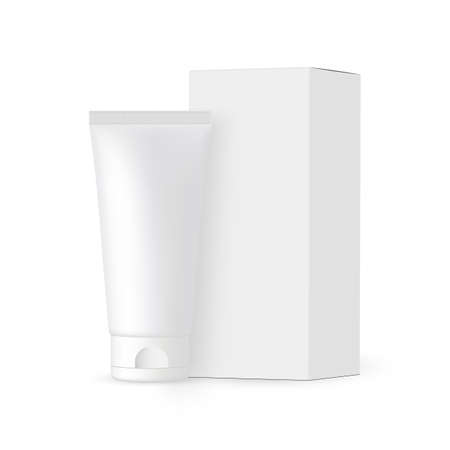 Plastic Cosmetic Tube with Paper Packaging Box Side View, Isolated on White Background. Vector Illustrationのイラスト素材