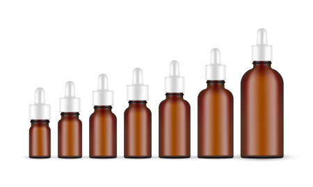 Set of Amber Dropper Bottles With Various Sizes, Isolated on White Background. vector illustrationのイラスト素材