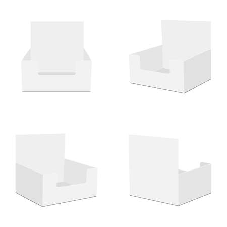 Empty Cardboard Counter Display Boxes Mockups, Front, Side, Back View, Isolated on White Background. vector illustrationのイラスト素材