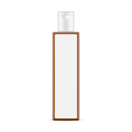 Amber Rectangular Plastic Packaging Bottle Mockup With Blank Label, Isolated on White Background. vector illustrationのイラスト素材