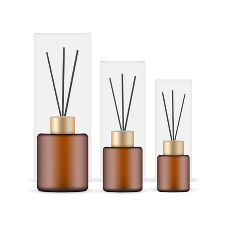 Packaging for Aroma Reed Diffuser, Amber Bottle and Box, Various Sizes, Isolated on White Background. vector illustrationのイラスト素材