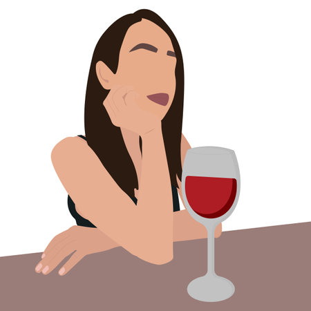 Young Brunette Woman Sits in the Table, or Bar With a Glass of Red Wine. flat vector illustrationのイラスト素材