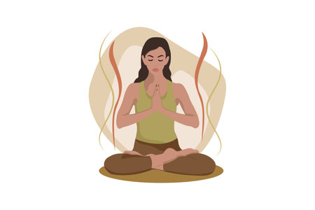 Young Girl Do Yoga In Lotus Position. Vector Illustration In Flat Style, Isolated On White backgroundのイラスト素材