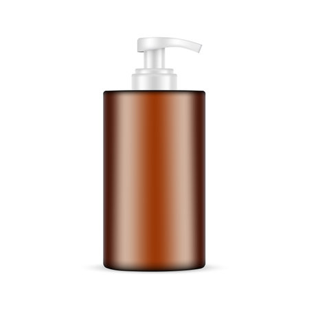 Plastic Amber Pump Bottle Mockup For Liquid Soap Or Shampoo, Isolated On White Background. Vector Illustrationのイラスト素材