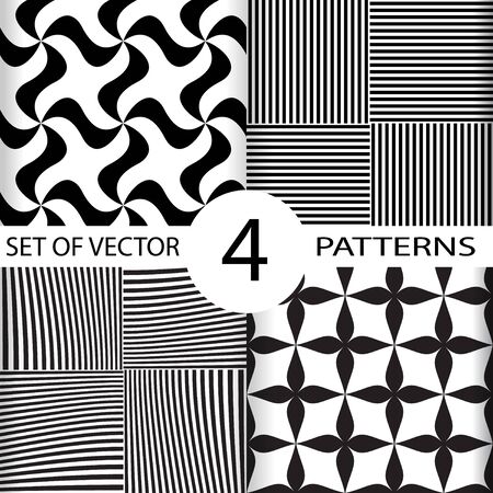 Set of geometric seamless patterns, black and white geo fabric print with stripes, whirligig, cross forms, seamless overlay texture, vector illustration.のイラスト素材