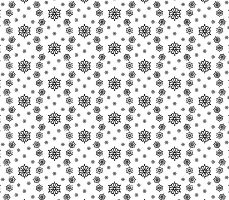 Seamless ornament. Black and white graphics. Large and small snowflakes mixed together.のイラスト素材