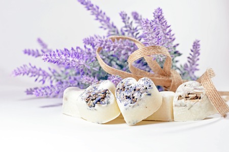 Spa soap hearts with a lavender flowers and flax ribbonの写真素材