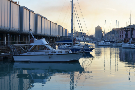 Genova, Italy - june 22, 2016: View of city port near an aquarium of Genoa in the eveningのeditorial素材