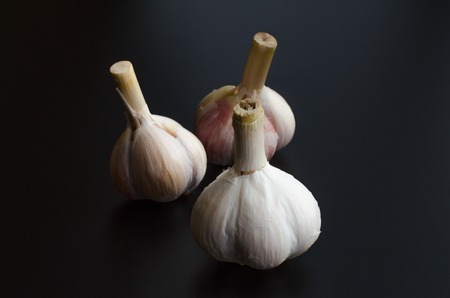 heads of fresh dry garlic isolated over black backgroundの写真素材