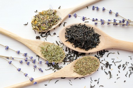 black and herbal tea in wooden spoons, scattered over white table background, top viewの写真素材