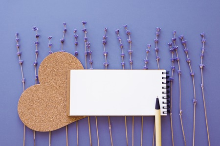 blank notepad mock up with dry lavender flowersの写真素材