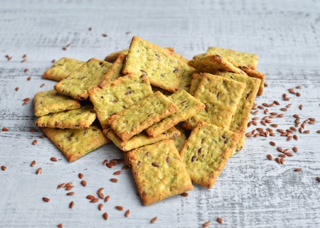italian bread snack over wooden background, top viewの写真素材